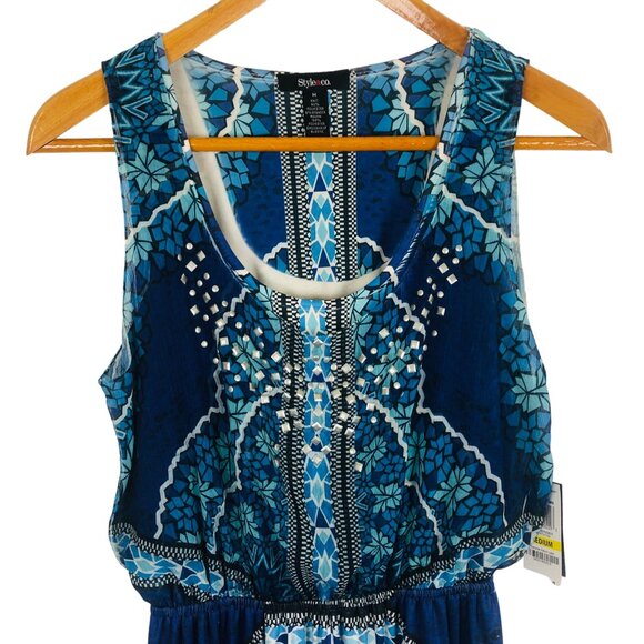 New Style Co Sleeveless Maxi Dress Sz Medium Blue Mandala Print Studded Detail - Picture 2 of 12